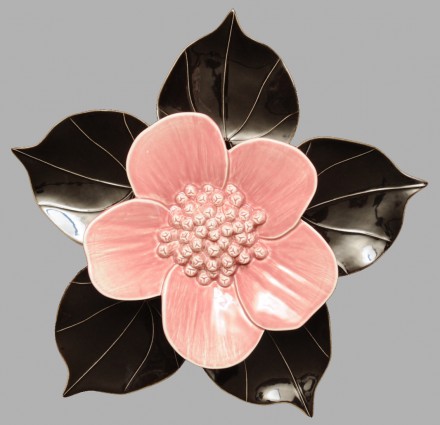 Ribbonwood flower rose pink with black kawakawa heart leaves