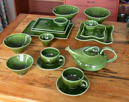 Moss green teapot, cups and plates