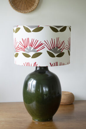 Barrel lamp base in Moss green with Pohutukawa lamp shade.