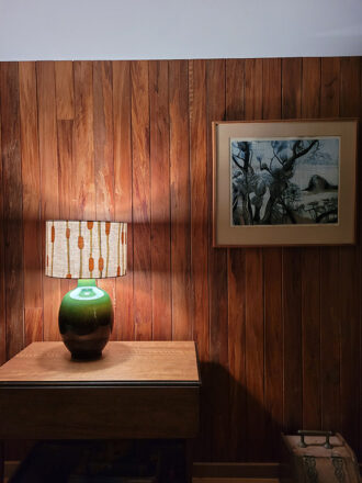 Barrel table lamp with IA Design shade in Raupo